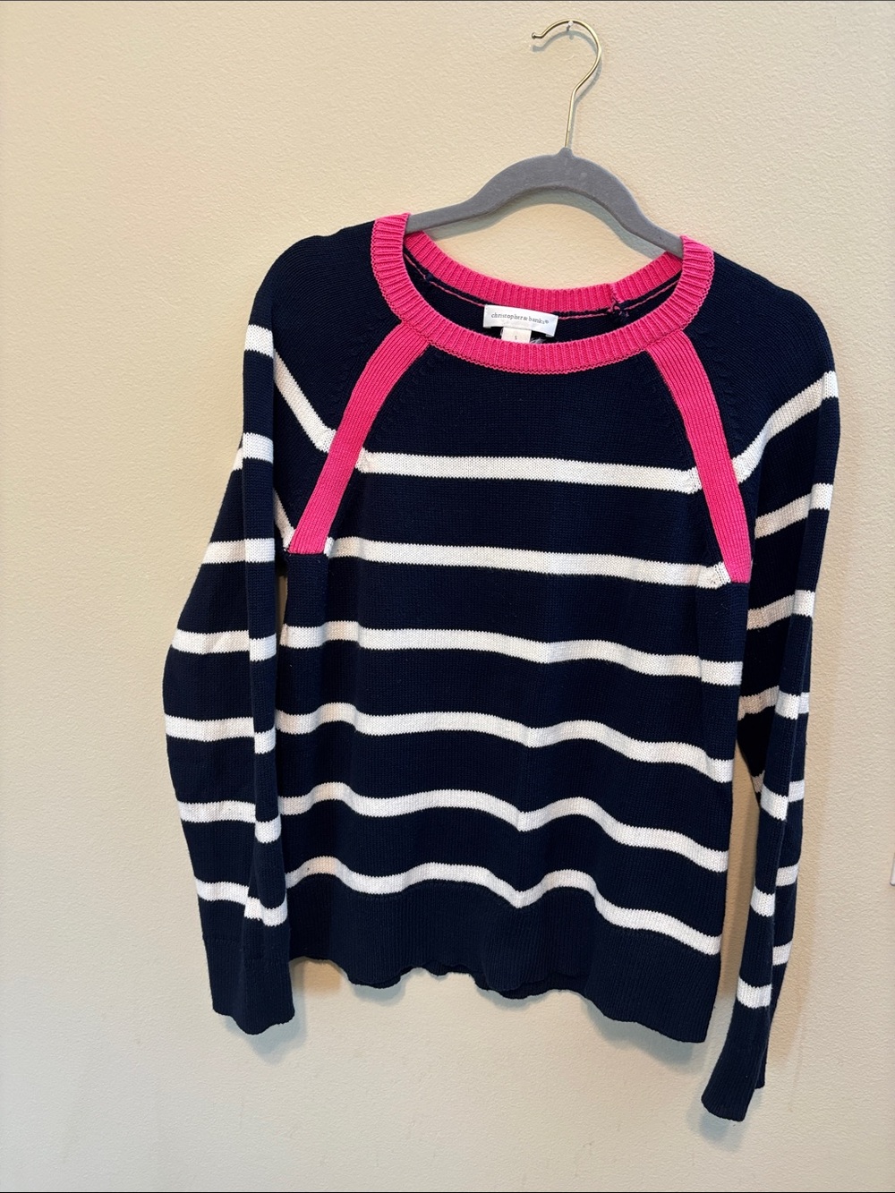Striped Navy and White Sweater long sleeve with Pink Trim size small